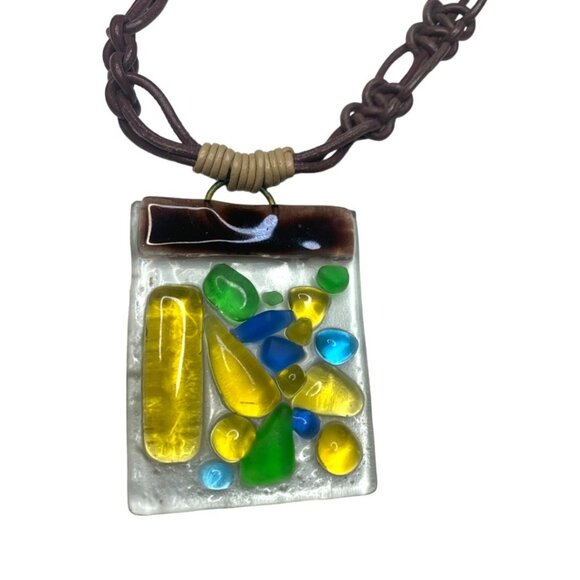 Art Glass Pendant Statement Necklace Mulitcolor 14" Toggle Clasp 2.2"h - Picture 3 of 16